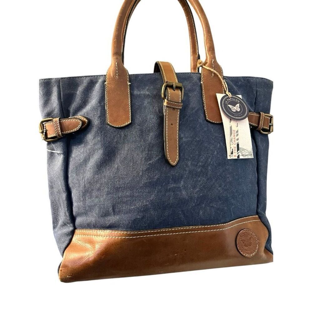 Le Papillon Navy Blue Canvas Brown Leather Trim Large Shoulder Tote Bag NWT